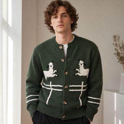 Custom Horse Motif Button Up Knit Cardigan Sweater