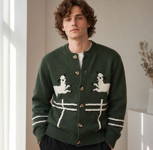 Custom Horse Motif Button Up Knit Cardigan Sweater