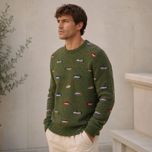 Custom Mini Car Pattern Olive Green Crewneck Knit Sweater