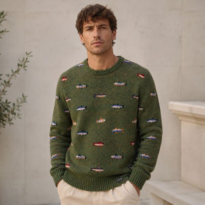 Custom Mini Car Pattern Olive Green Crewneck Knit Sweater