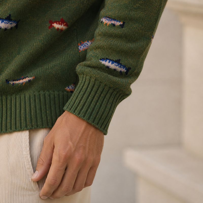 Custom Mini Car Pattern Olive Green Crewneck Knit Sweater