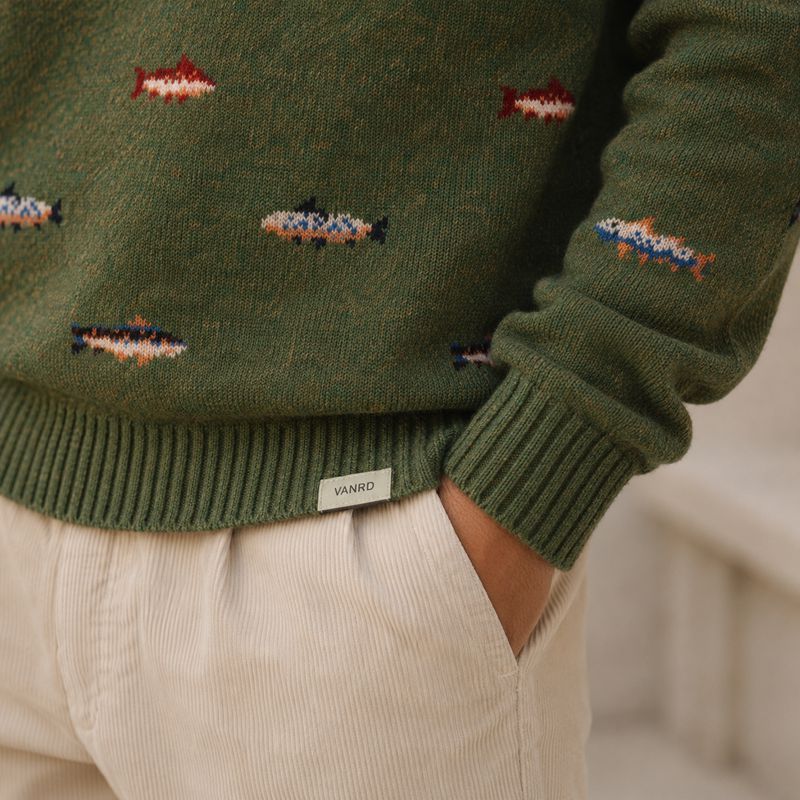 Custom Mini Car Pattern Olive Green Crewneck Knit Sweater