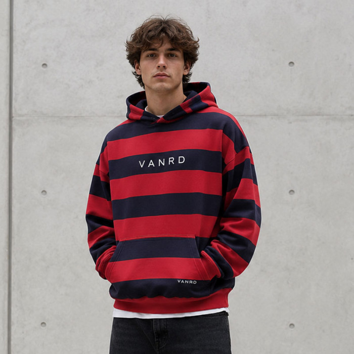 Custom Red Navy Rugby Striped Pullover Hoodie