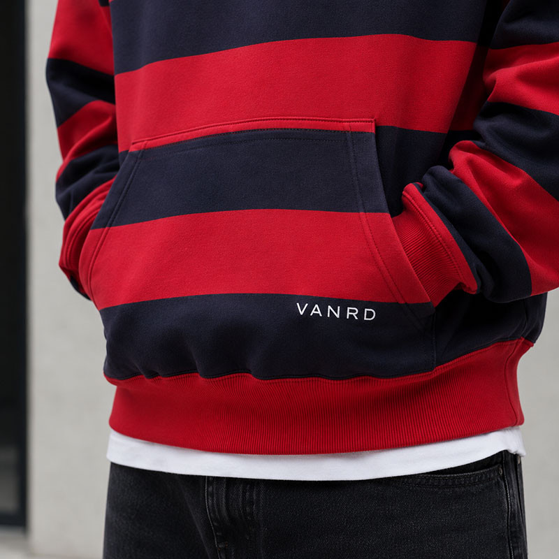 Custom Red Navy Rugby Striped Pullover Hoodie