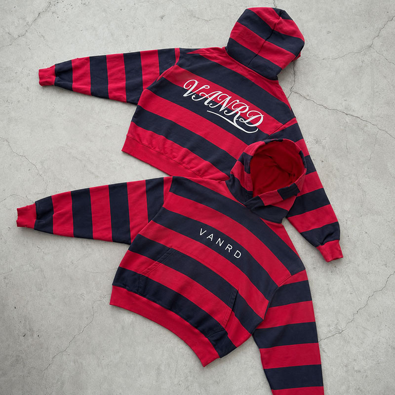 Custom Red Navy Rugby Striped Pullover Hoodie
