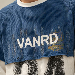 Custom Distressed Blue White Layered Waffle Knit Long Sleeve Tee