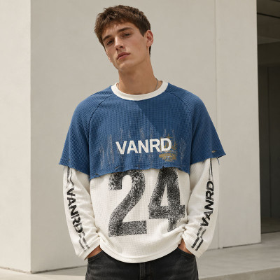 Custom Distressed Blue White Layered Waffle Knit Long Sleeve Tee