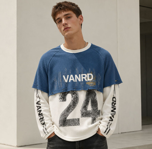 Custom Distressed Blue White Layered Waffle Knit Long Sleeve Tee