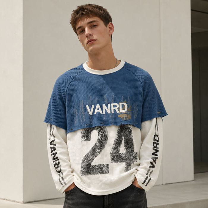 Custom Distressed Blue White Layered Waffle Knit Long Sleeve Tee