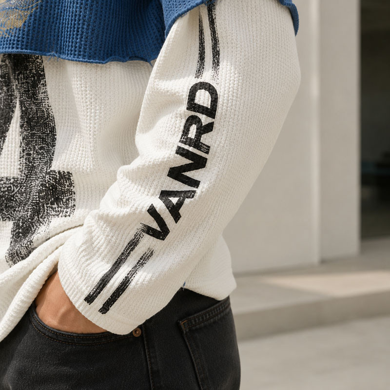 Custom Distressed Blue White Layered Waffle Knit Long Sleeve Tee