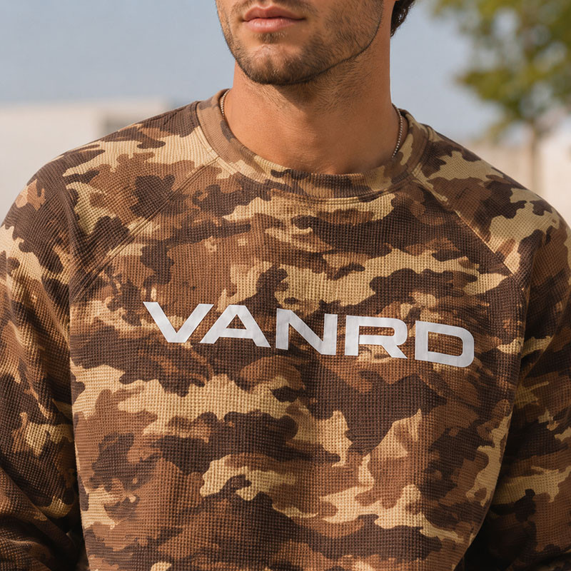 Custom Brown Camo Waffle Knit Thermal Crewneck Sweatshirt