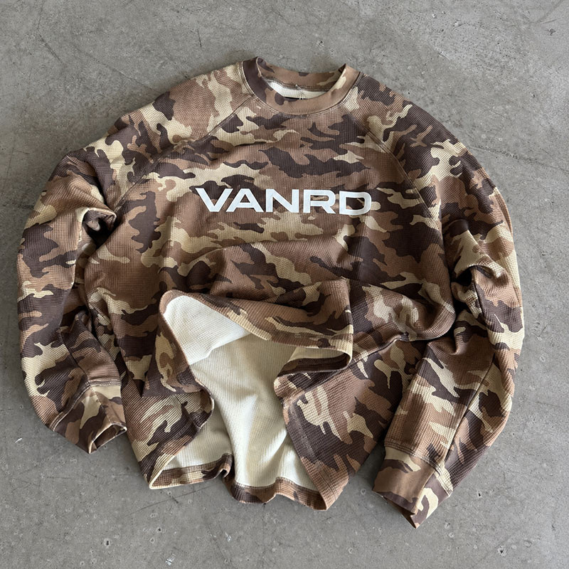 Custom Brown Camo Waffle Knit Thermal Crewneck Sweatshirt