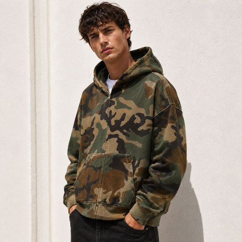 Custom Green Camo Full Zip Up Hooded Sweatshirt with Front Pocket