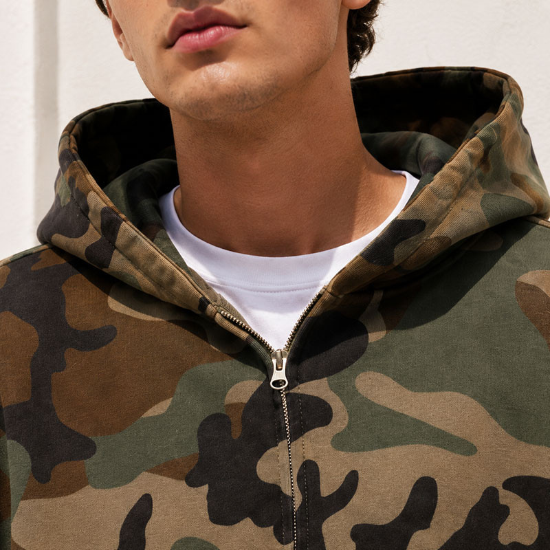 Custom Green Camo Full Zip Up Hooded Sweatshirt with Front Pocket
