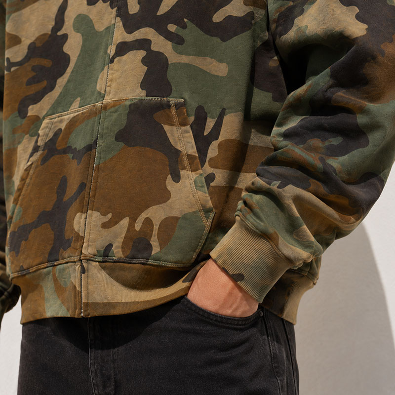 Custom Green Camo Full Zip Up Hooded Sweatshirt with Front Pocket