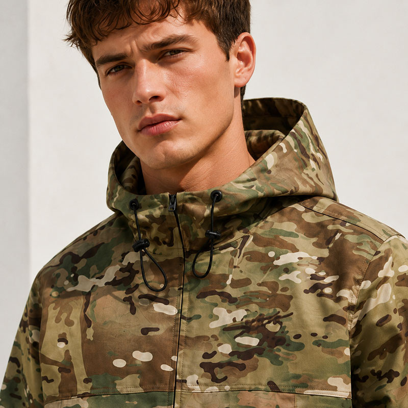Custom Green Camo Hooded Work Jacket with Front Pockets