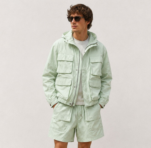 Custom Mint Green Utility Hooded Jacket and Shorts Set
