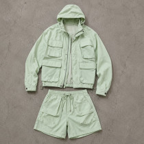 Custom Mint Green Utility Hooded Jacket and Shorts Set