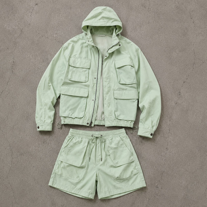 Custom Mint Green Utility Hooded Jacket and Shorts Set