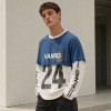 Custom Distressed Blue White Layered Waffle Knit Long Sleeve Tee