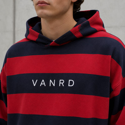 Custom Red Navy Rugby Striped Pullover Hoodie