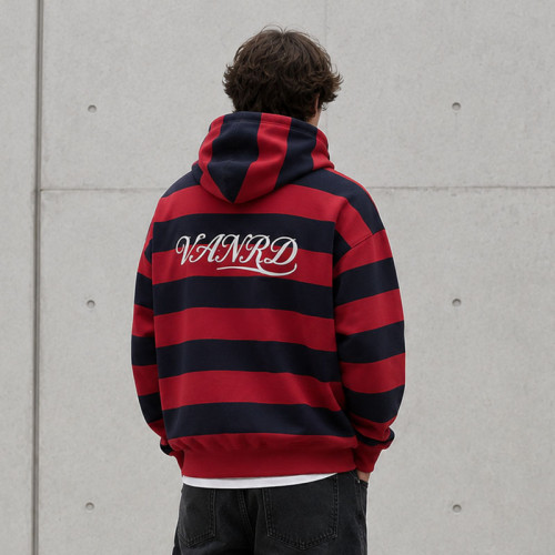 Custom Red Navy Rugby Striped Pullover Hoodie