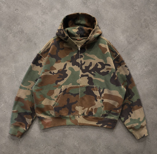 Custom Green Camo Full Zip Up Hooded Sweatshirt with Front Pocket