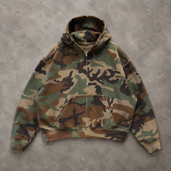 Custom Green Camo Full Zip Up Hooded Sweatshirt with Front Pocket