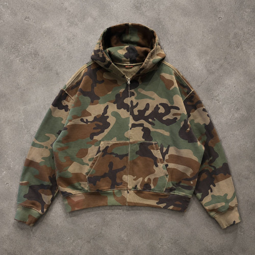 Custom Green Camo Full Zip Up Hooded Sweatshirt with Front Pocket