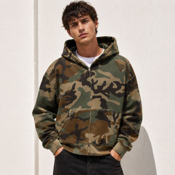 Custom Green Camo Full Zip Up Hooded Sweatshirt with Front Pocket