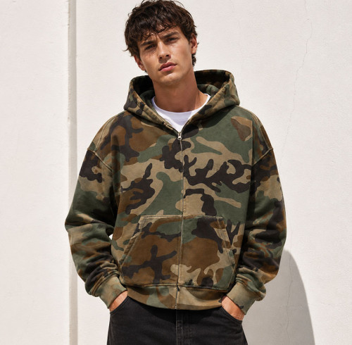 Custom Green Camo Full Zip Up Hooded Sweatshirt with Front Pocket