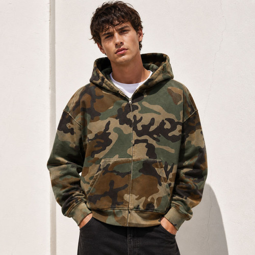 Custom Green Camo Full Zip Up Hooded Sweatshirt with Front Pocket