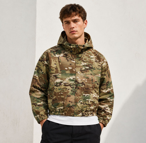 Custom Green Camo Hooded Work Jacket with Front Pockets