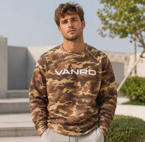 Custom Brown Camo Waffle Knit Thermal Crewneck Sweatshirt