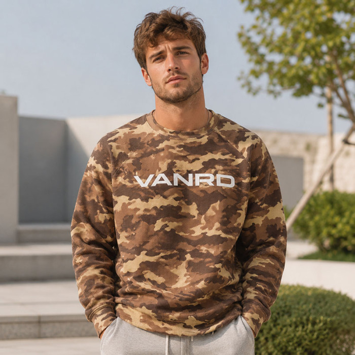 Custom Brown Camo Waffle Knit Thermal Crewneck Sweatshirt