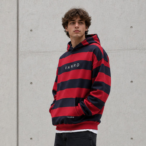 Custom Red Navy Rugby Striped Pullover Hoodie