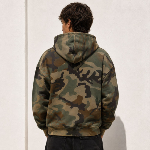 Custom Green Camo Full Zip Up Hooded Sweatshirt with Front Pocket