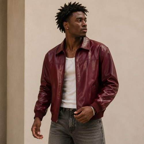Custom Wine Red Faux Leather Bomber Jacket