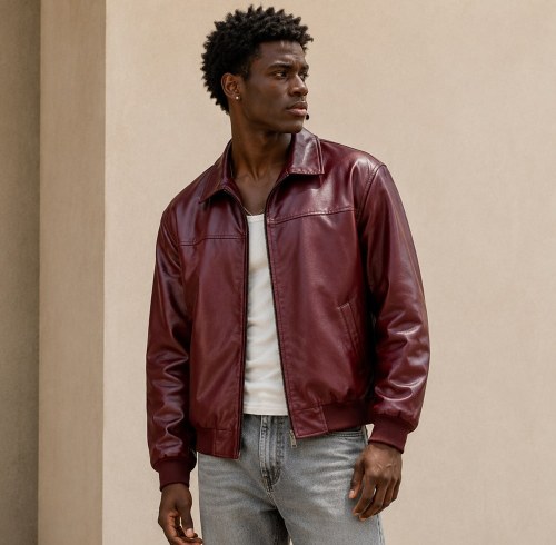 Custom Wine Red Faux Leather Bomber Jacket