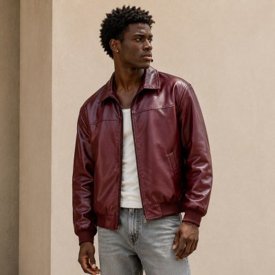 Custom Wine Red Faux Leather Bomber Jacket