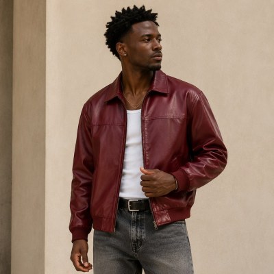 Custom Wine Red Faux Leather Bomber Jacket