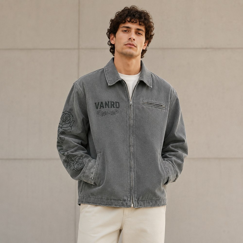 Custom Faded Grey Rose Embroidery Vintage Work Jacket