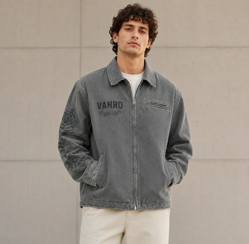 Custom Faded Grey Rose Embroidery Vintage Work Jacket
