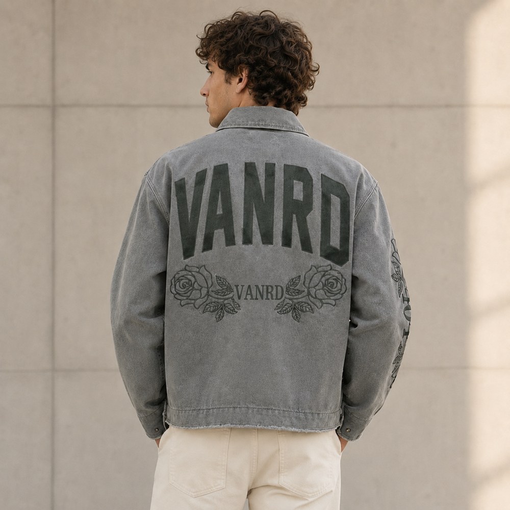 Custom Faded Grey Rose Embroidery Vintage Work Jacket