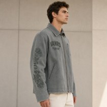 Custom Faded Grey Rose Embroidery Vintage Work Jacket