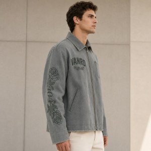 Custom Faded Grey Rose Embroidery Vintage Work Jacket