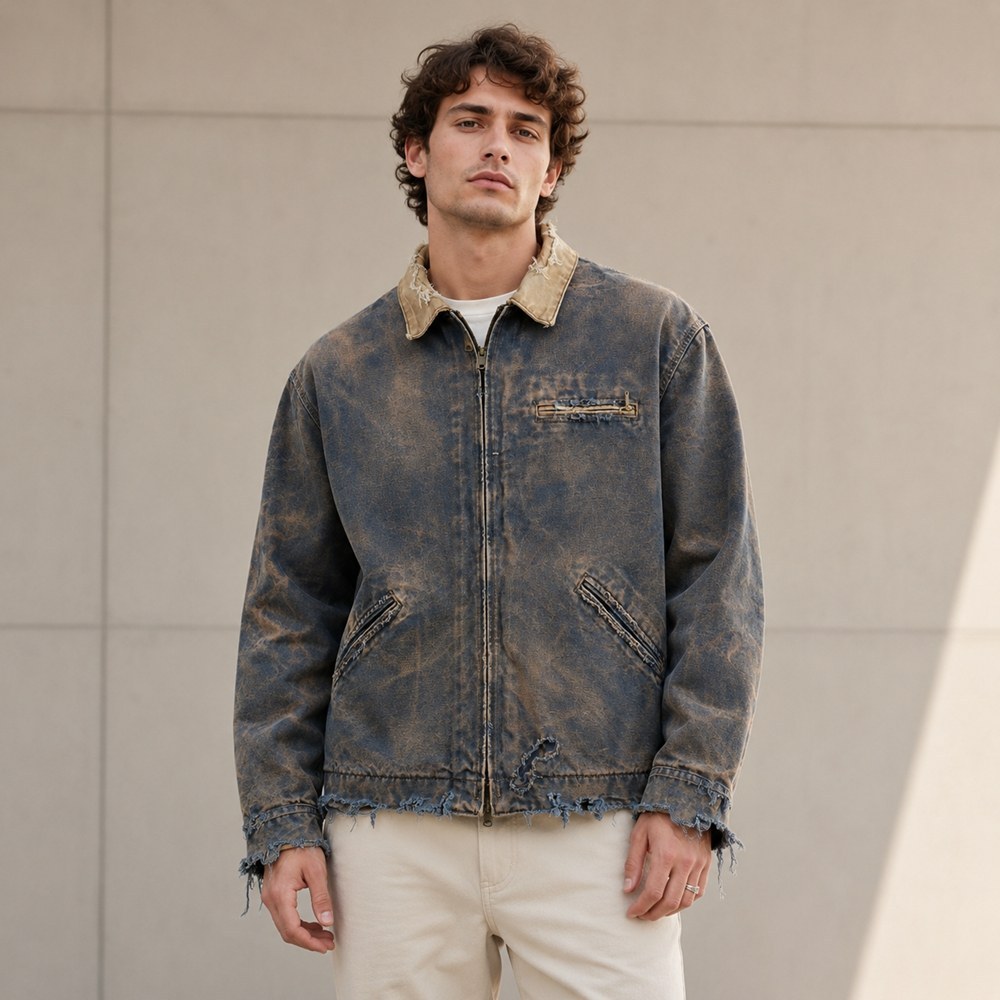 Custom Brown Distressed Cotton Work Jacket