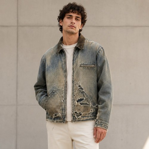 Custom Brown Distressed Cotton Work Jacket