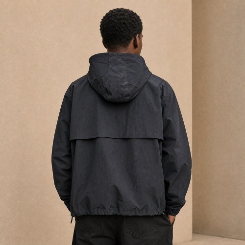 Custom Black Hooded Anorak Windbreaker Jacket