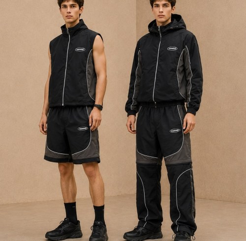 Custom Black Grey Convertible Zip-Off Nylon Tracksuit
